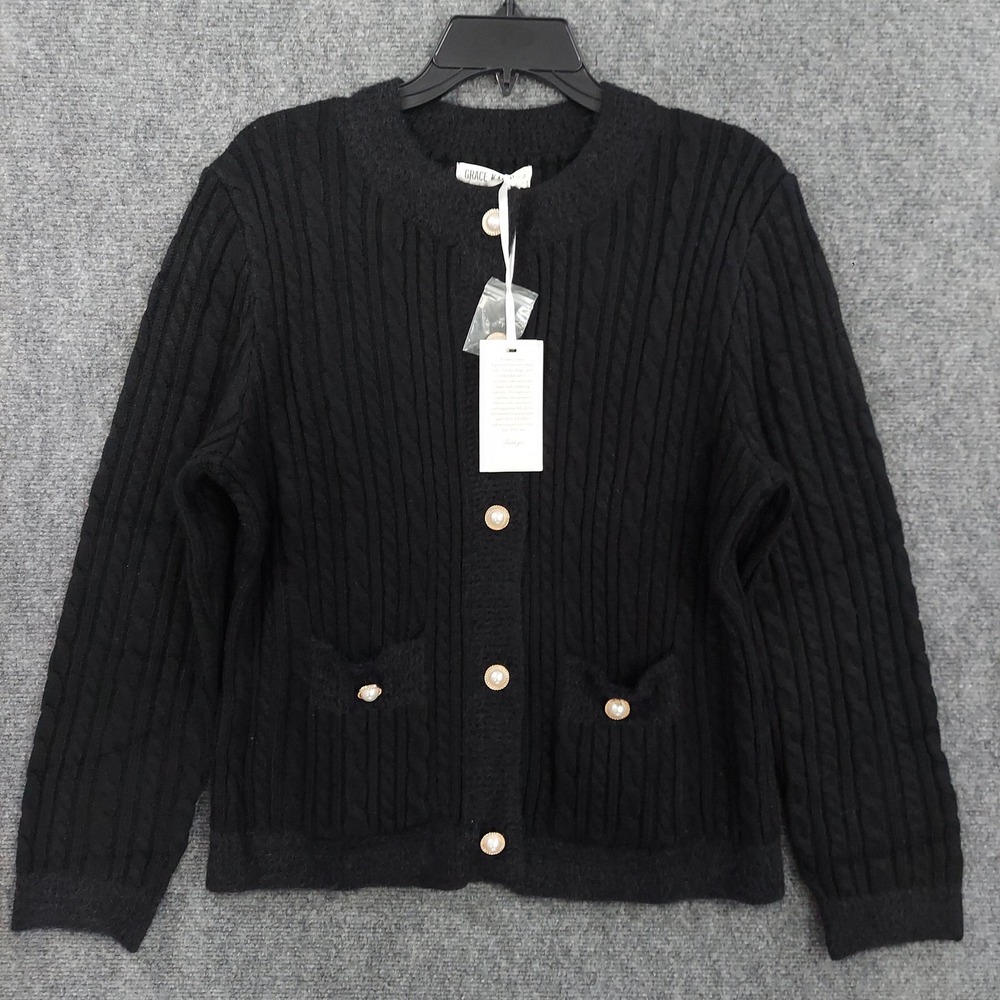 Grace Karin Cardigan Sweater Womens Medium Black Cable Knit Button Front NWT